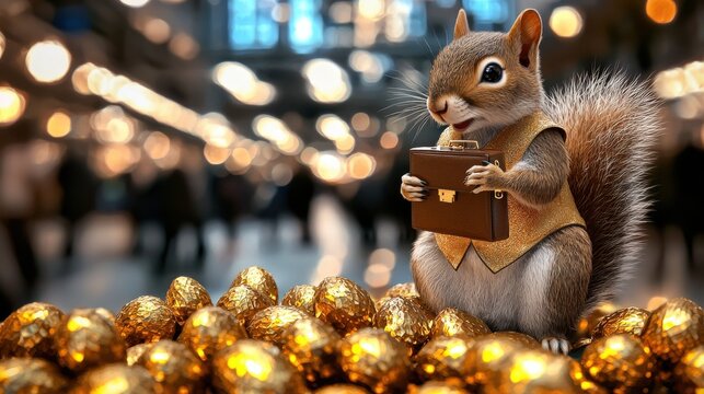 Cute Squirrel Holding Wooden Box Against Festive Autumn Background