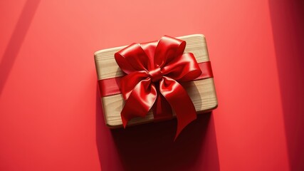 A simple wooden gift box tied with a vibrant red satin ribbon, showcasing a classic and elegant presentation on a bold red background.