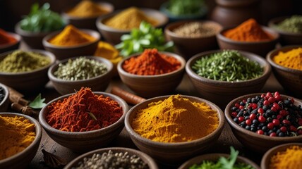 Fototapeta premium Here's a possible and keyword list for your stock photo.. Aromatic spice collection in bowls.