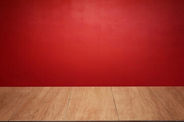 The wooden floor and walls of the room are colored red as the background.