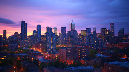 Obraz premium The glowing lights of a city skyline at twilight, with the last traces of daylight fading behind towering buildings 