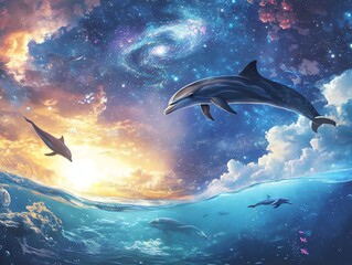 Fototapeta premium Two dolphins leap playfully in a surreal, dreamlike ocean scene under a giant moon and starry sky. A magical, ethereal image.
