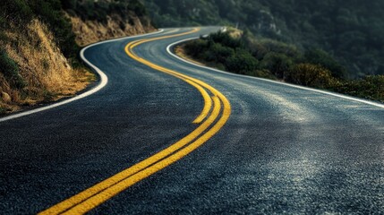 Obraz premium Winding Asphalt Road Through a Lush Forest Landscape