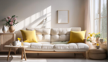 Fototapeta premium Beautiful interior of light living room with sofa and glaucophane on table