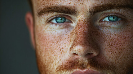 Obraz premium Close-up portrait highlighting the freckles and red hair of a serious young man with light blue eyes