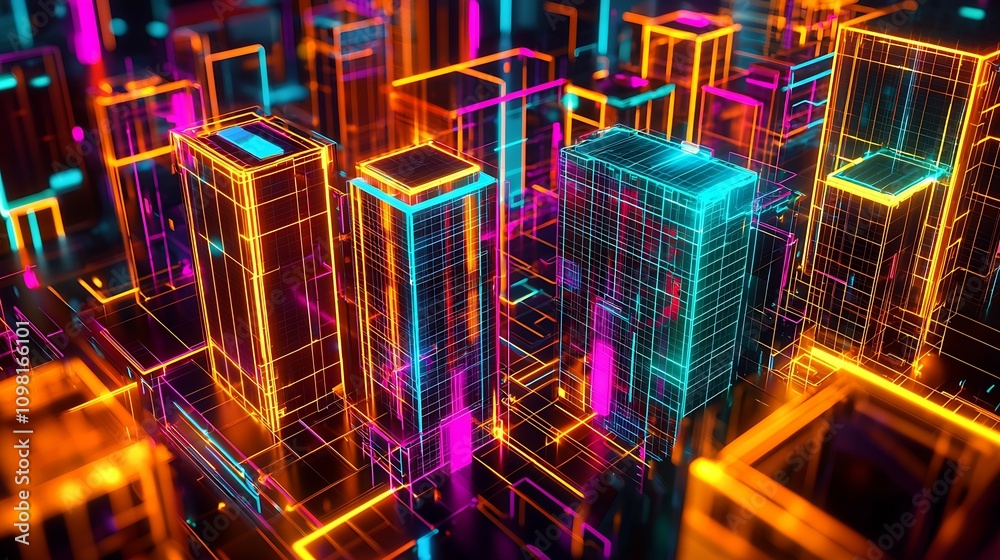 Poster vibrant neon cityscape cyberpunk futuristic buildings with digital grid overlay : generative ai