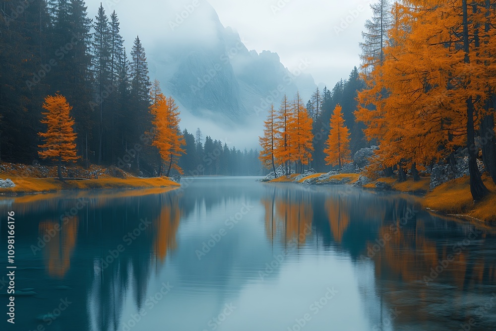 Poster Mystical Mountain Lake Scene With Autumn Trees Reflected in Mirror Like Water : Generative AI