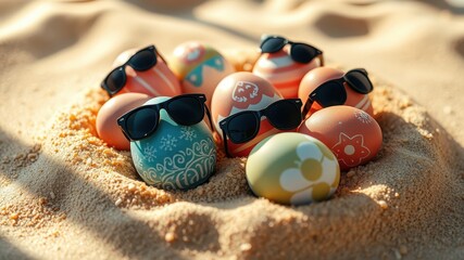 Obraz premium A group of decorated Easter eggs wearing sunglasses are nestled in the sand.