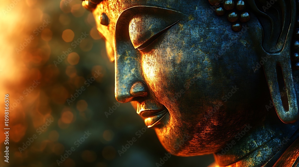 Aufkleber tranquil buddha statue profile in warm glowing light with peaceful bokeh background : generative ai