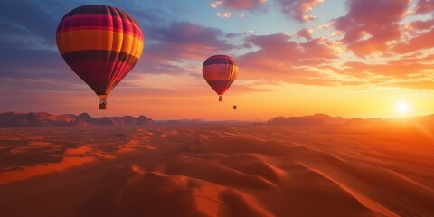 Fototapeta premium Colorful hot air balloons soar over a stunning desert landscape at sunset. created by ai