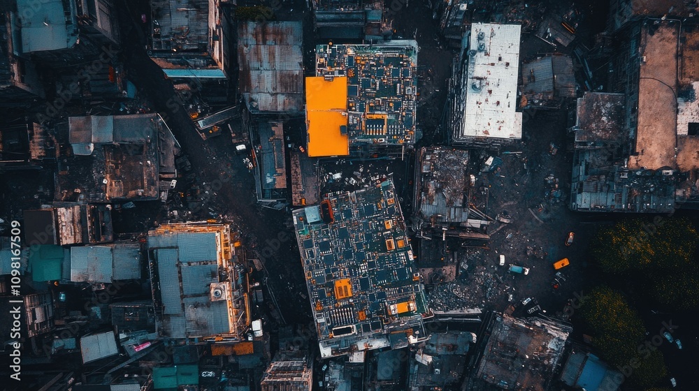 Poster a bird's-eye view of circuit boards, emphasizing the need for electronic waste recycling and the eco
