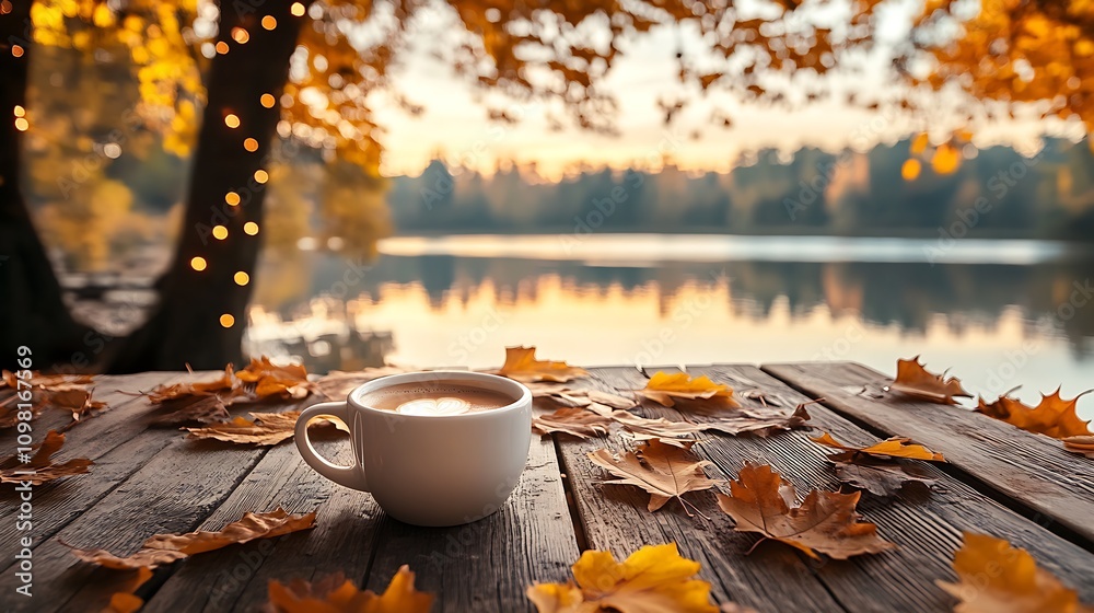 Poster scenic autumn morning with coffee mug on rustic table by tranquil lake : generative ai