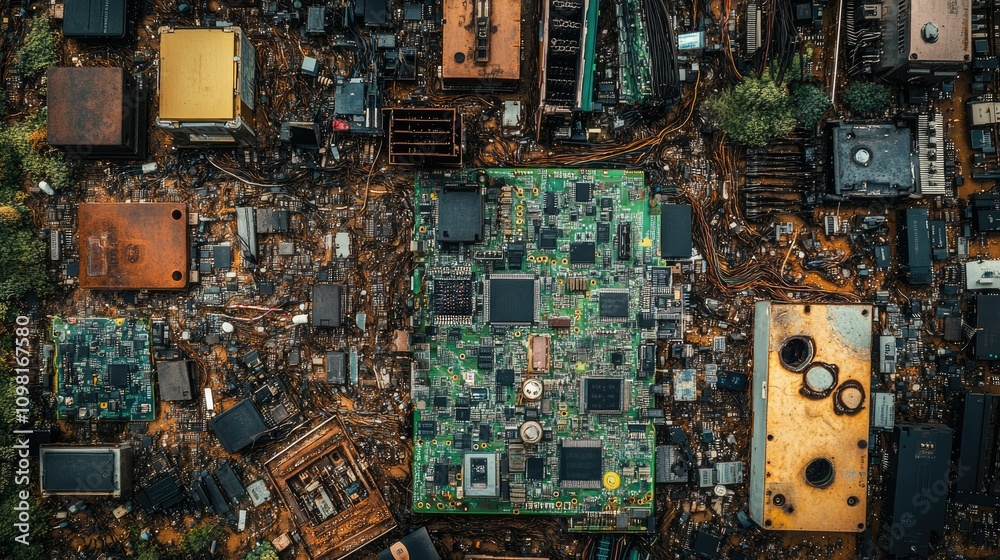 Poster a bird's-eye view of circuit boards, emphasizing the need for electronic waste recycling and the eco