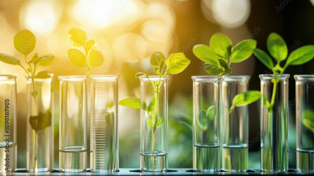 Poster a collection of seedlings in clear test tubes inside a research lab, symbolizing biotechnological ex