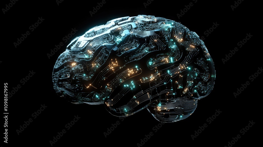 Poster A conceptual digital brain formed by glowing circuitry and neural networks, visualizing the power of artificial intelligence.
