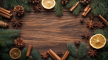 Rustic wooden table adorned with aromatic winter spices, pine branches, and dried oranges. A festive, cozy atmosphere.