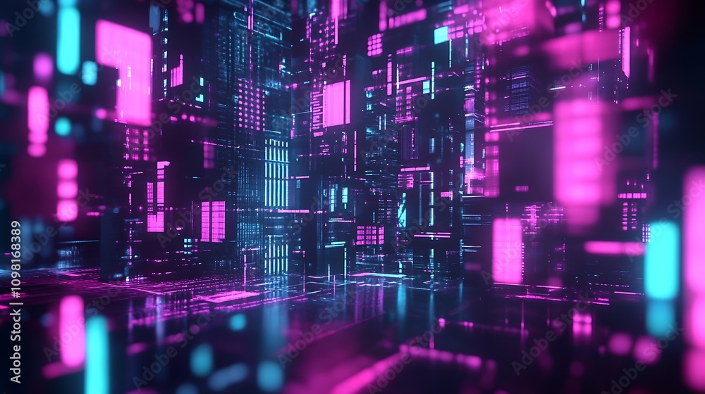 Poster Futuristic Digital Cityscape with Neon Lights and Technological Structures : Generative AI