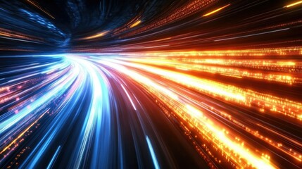 A dynamic digital landscape showing fast-moving data signals traveling across network nodes, highlighting speed and connectivity.