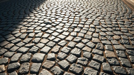 A cobblestone path with a pattern of irregularly shaped stones, illuminated by a soft, warm light that creates interesting shadows and highlights.