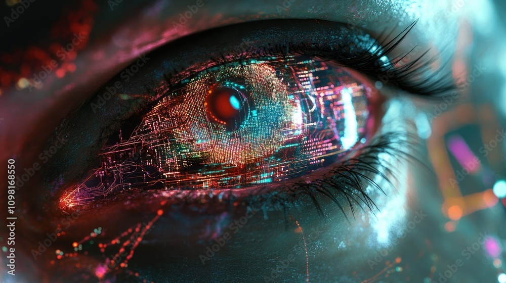 Poster A futuristic digital eye with glowing circuits and data streams, symbolizing the integration of artificial intelligence and human vision.
