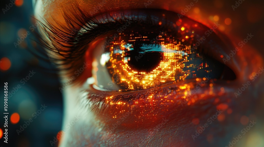 Poster A futuristic digital eye with glowing circuits and data streams, symbolizing the integration of artificial intelligence and human vision.