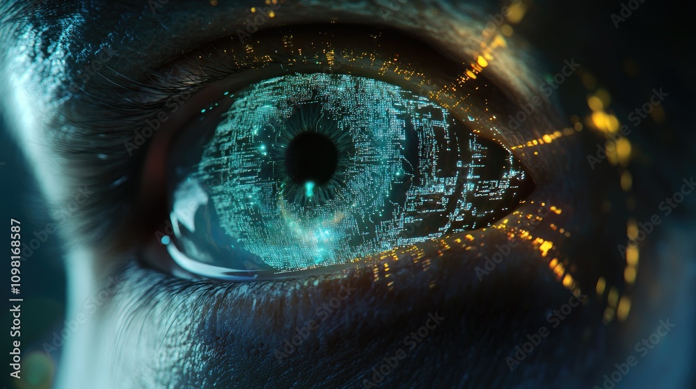 Poster a futuristic digital eye with glowing circuits and data streams, symbolizing the integration of arti