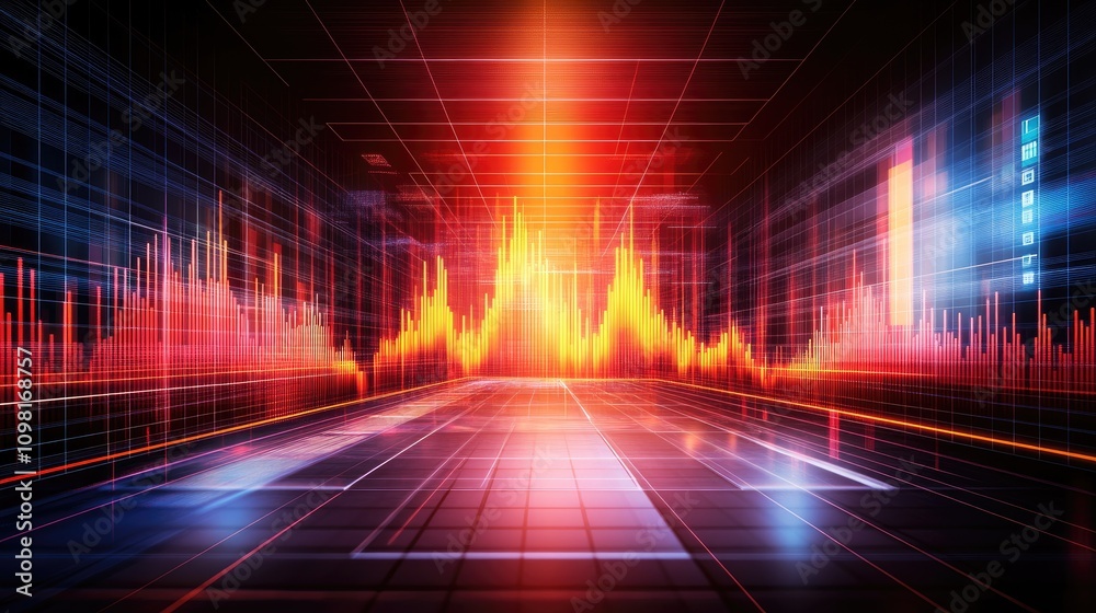 Poster overlapping stock chart lines in abstract, flowing patterns over a glowing tech screen.