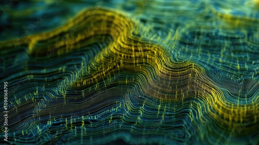 Poster overlapping stock chart lines in abstract, flowing patterns over a glowing tech screen.
