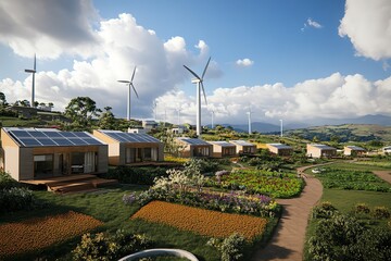 Naklejka premium Stunning panoramic landscape showcasing eco-friendly homes, wind turbines, and vibrant fields, a sustainable future