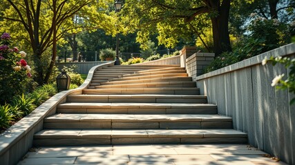 Stone steps leading up to a lush green garden with sunlight dappling through the trees