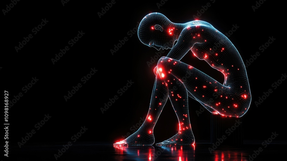 Poster a human figure with glowing red lines around the knee, symbolizing the discomfort and pain associate