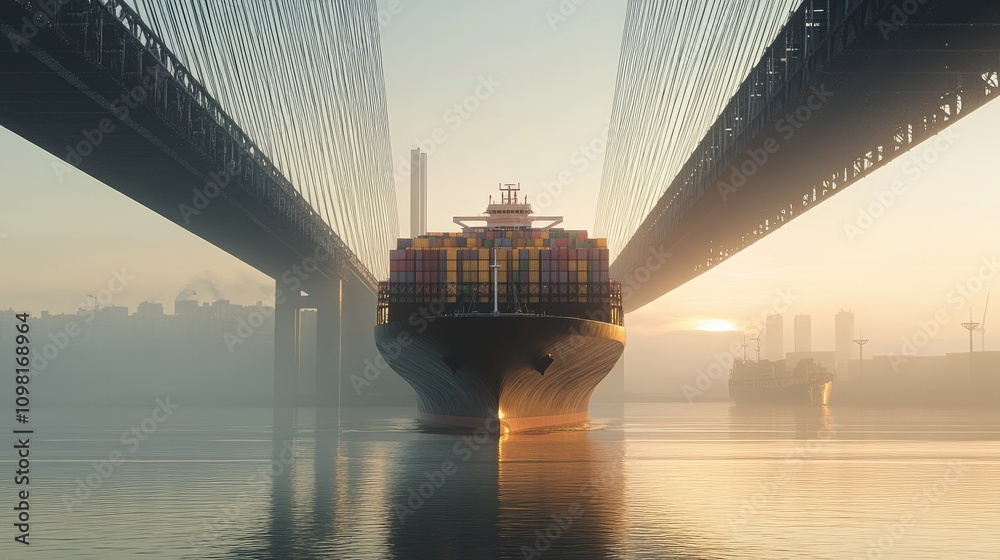 Poster a massive container ship navigating under a modern bridge, representing global supply chains and mar