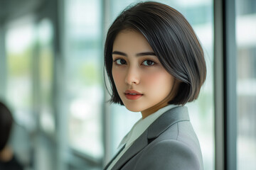 Confident Businesswoman with a Chic Bob Hairstyle in a Professional Corporate Office Setting, Dressed in a Gray Suit with a Crisp White Shirt and Natural Makeup, Exuding Elegance and Strength.