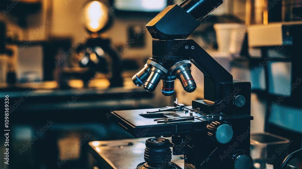 Poster a researcher using a microscope to examine samples in a laboratory, symbolizing precision and scient