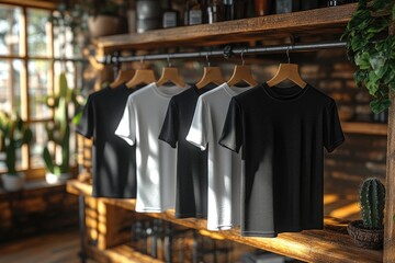 Fototapeta premium 3D rendering of casual hanging on a shelf in a store interior. Mockup for design, close-up. Black and white t-shirts.