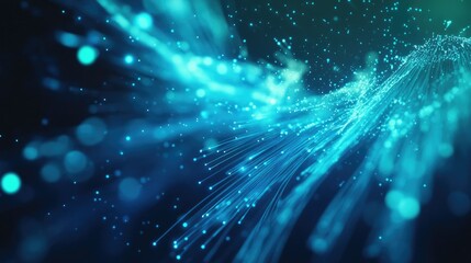 Obraz premium Abstract close-up of blue and turquoise optical fibers with bright glowing ends, symbolizing high-speed communication.