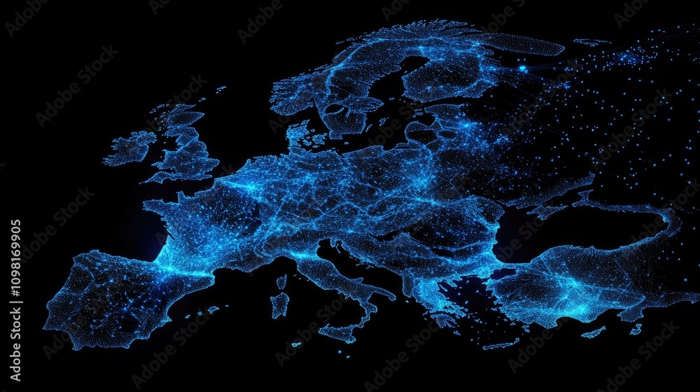 Poster Abstract digital map of Europe illuminated with blue data patterns, symbolizing the flow of information in a connected world.