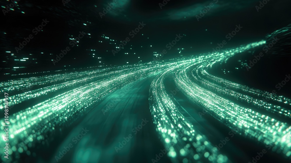 Poster Abstract digital network with glowing lines and nodes speeding through space, symbolizing high-speed data transmission.