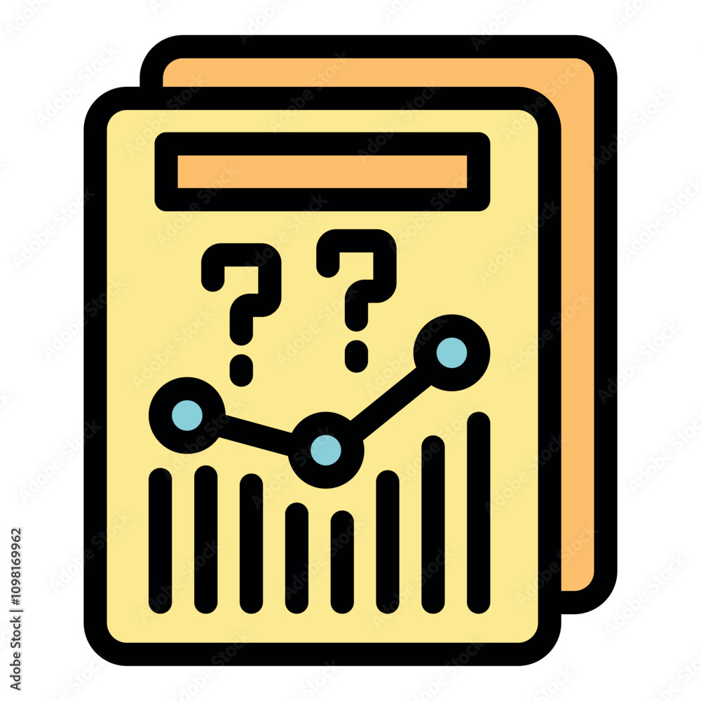 Poster documents with charts showing growing statistics with question marks, representing uncertainty in bu