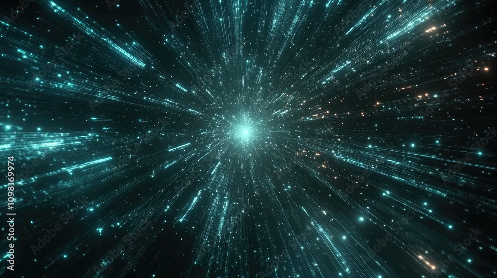 Poster Abstract digital network with glowing lines and nodes speeding through space, symbolizing high-speed data transmission.