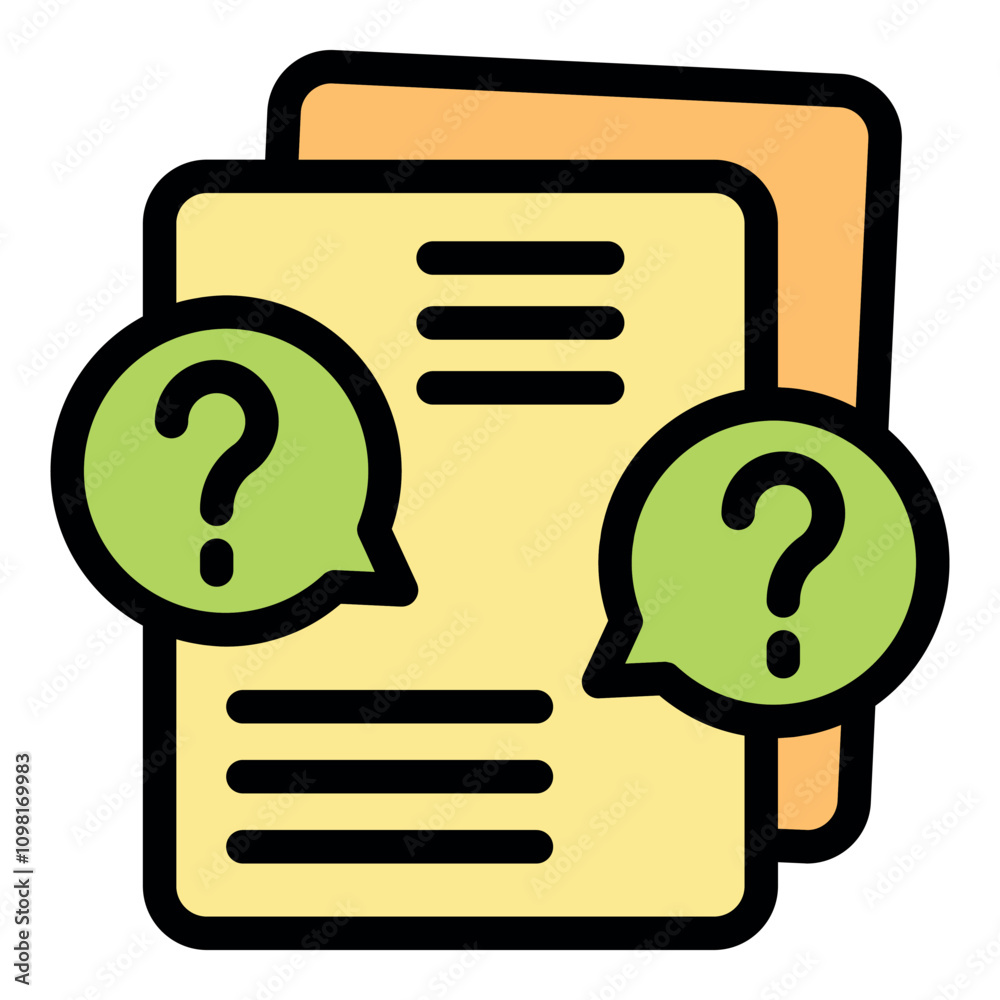 Poster speech bubbles with question marks emerging from a document with text lines, symbolizing inquiries, 