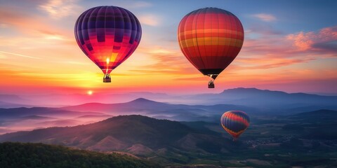 Obraz premium Colorful hot air balloons soar over a stunning desert landscape at sunset. created by ai