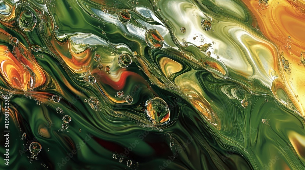 Aufkleber Abstract macro image of oil droplets floating in water with green hues, creating a dynamic and colorful fluid pattern.