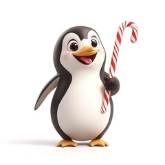Obraz premium Cartoon Penguin Holding a Candy Cane Illustration