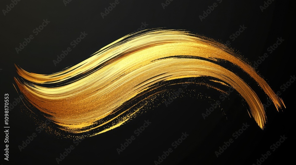 Poster abstract vector image of a golden glittering brushstroke on a smooth black background, symbolizing l