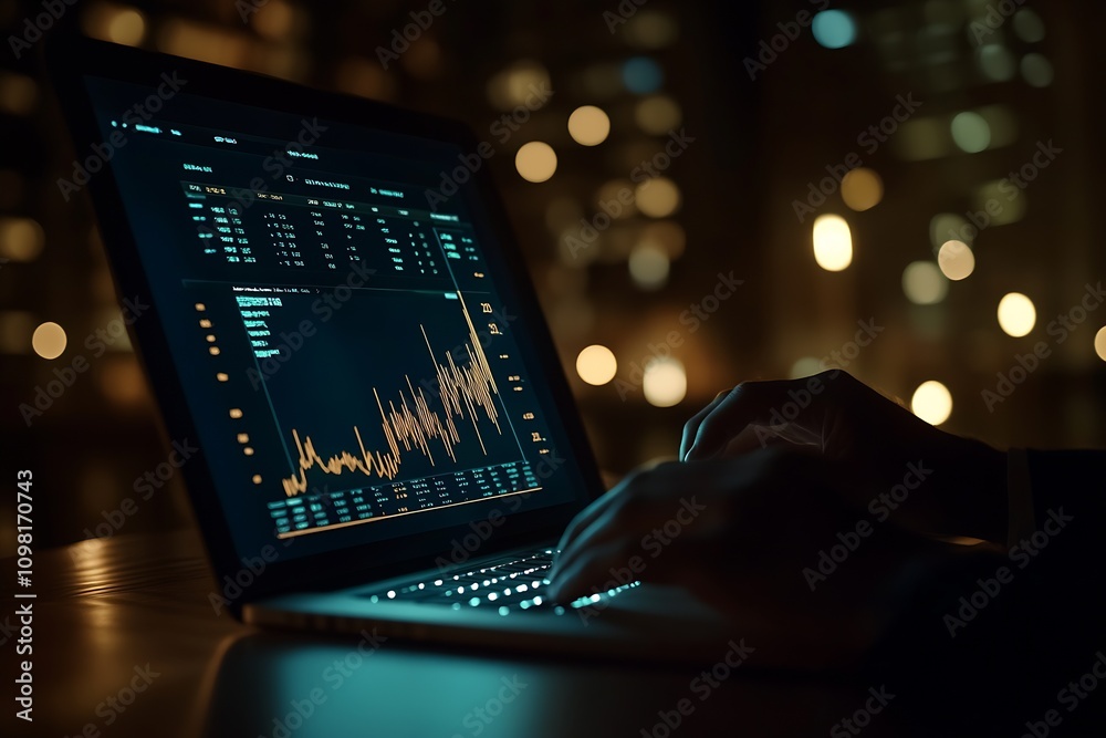 Poster Evening business analysis on laptop with glowing data graphs : Generative AI