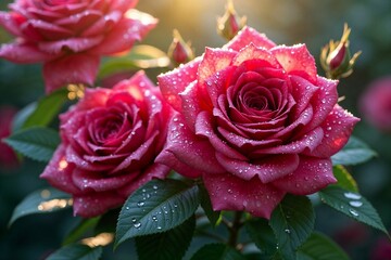 Red Roses with Water Droplets on Petals and Leaves at Dawn, Summer Garden in Soft Morning Light