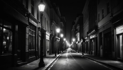 Desolate noir street scene with vintage lamps illuminating a quiet urban alley at night