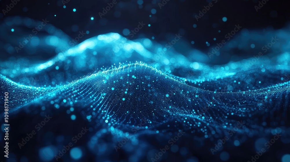 Poster close-up of glowing blue optical fibers with turquoise tips, creating a futuristic, digital effect i