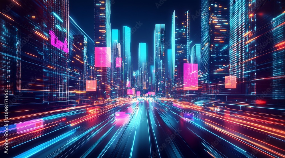 Poster High-Tech Virtual Cityscape Set in the Future with Luminous Skyscrapers : Generative AI